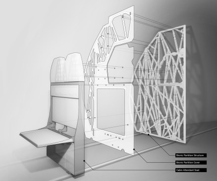 The bionic partition and complementing bionic cover required a cutout for emergency stretchers and had to support a jumpseat for cabin crew.