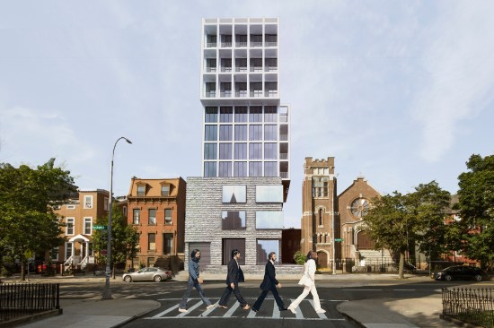 Firm collaborated with New York–based Tang Kawasaki Studio for this concrete mixed-use development concept intended for Brooklyn, N.Y.’s Bushwick neighborhood. The tower uses the air space over a neighboring church to create the impression of three stacked volumes of masonry, glass, and concrete.