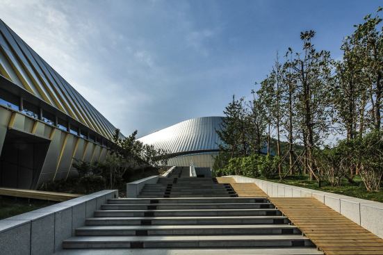 View from one of the site's many staircases up to the pavilions.