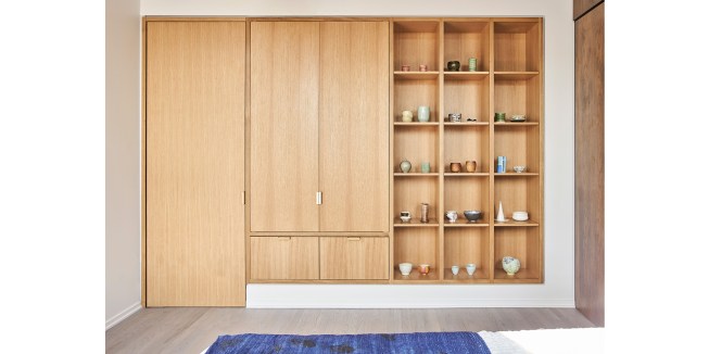 New custom rift white oak guest bedroom millwork. 