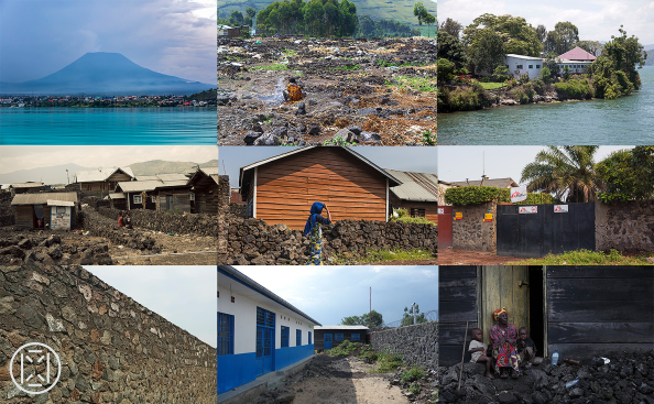 Collage of the textures of the city and current use of free volcanic stones