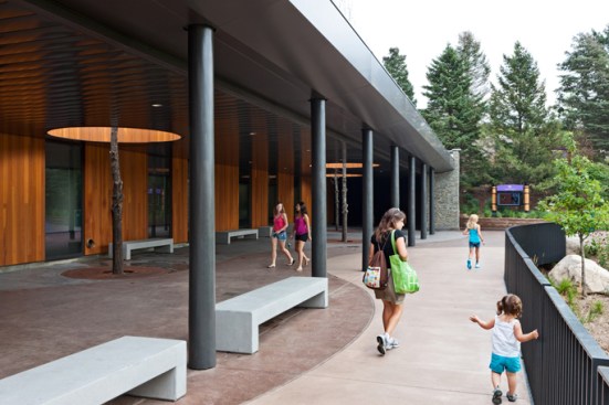 Entry plaza at pond