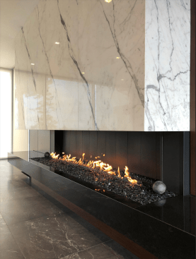 This Montigo fireplace is open on three sides for a near-fully exposed flame.