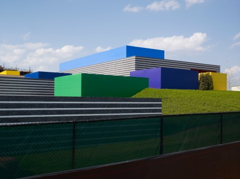 Detail of South elevation/East section showing colored mechanical enclosures
