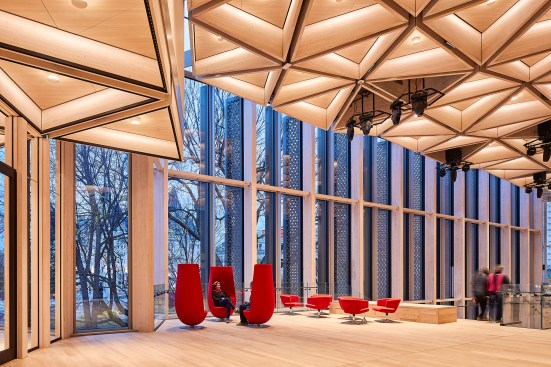 Diamond Schmitt Architects created a hexagonal ceiling made of timber in the National Arts Centre's new lobby.