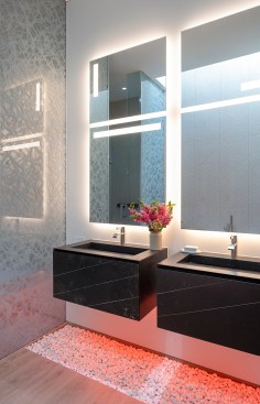 Serenity Indian Wells modern luxury home guest bathroom glass privacy wall decor detail