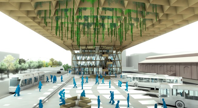 This Charleston, S.C., transportation hub concept includes a wood and steel composite canopy with a green roof and a glue-laminated vertical wood structure.