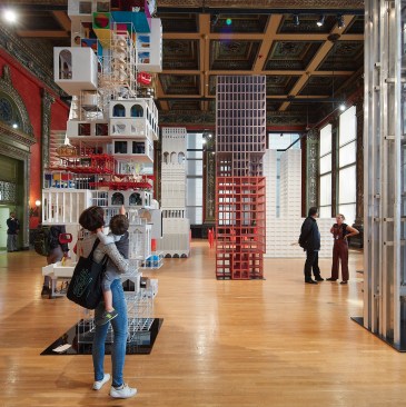 Productora opted to render its 16-foot-tall skyscraper model for the 2017 Chicago Architecture Biennial in red and blue—the same colors as the Bic pens used to sketch the concept.