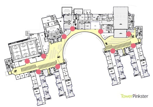 Architectural sketch for a school redesign by TowerPinkster showing the building’s compartmentalization and fire doors that can be used to isolate potential threats.