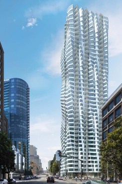 Preliminary renderings of Folsom Street Tower in San Francisco, by Studio Gang Architects, highlight its torquing form, thanks to bay windows that rotate in plan as the building rises.&nbsp;(July, 2014)