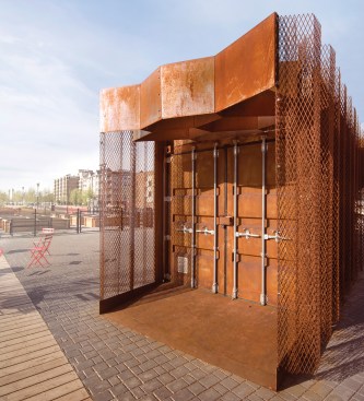 Wrapped shipping container that serves as garden storage