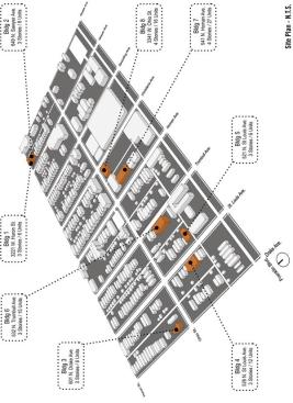 Seen in this site plan, the project consists of eight buildings scattered across 21 city lots.