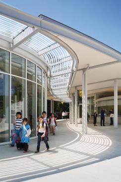 Breezeway with the gift shop volume on the left, and ticketing window on the right.