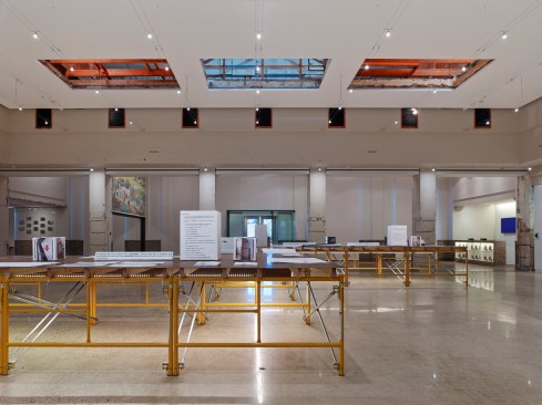 A+view+looking+east+towards+the+front+door.+The+ghosts+of+the+three+skylights+and+security+catwalk+windows+are+clearly+visible.++Surprisingly%2c+the+exposed+steel+has+orange+primer.+