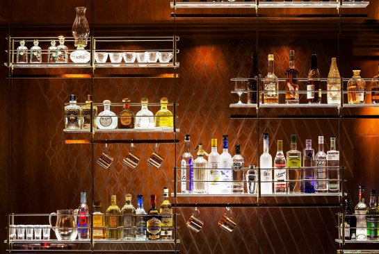 Custom hanging illuminated, structural bar shelving, Tim Barry Design, Touchstone BuildingCustom hanging illuminated, structural bar shelving, Tim Barry Design, Touchstone Building