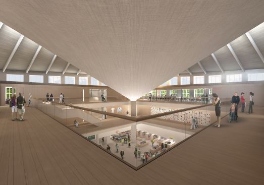 Galleries to accomodate 
temporary and permanent exhibitions, education spaces, and a library, 
will fill hte old building. Many elements of the existing landmarked 
building, including its hyperbolic paraboloid copper roof (executed 
before the age of digital modeling) are being retained.