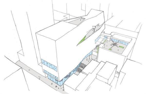 Sketch of expansion showing pedestrian&nbsp;all&eacute;e&nbsp;and rooftop&nbsp;garden (2012)