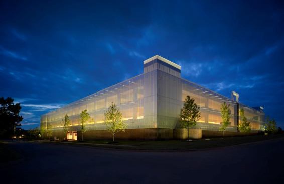 A view of the parking garage at dusk. The architects were tasked with creating a fa??ade that would respond to the constantly changing light and color of the Oklahoma sky.
