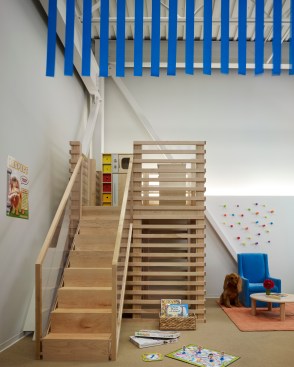 Example of custom classroom loft and ceiling ribbons