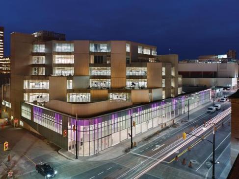 View from northeast corner with purple fa?ade.