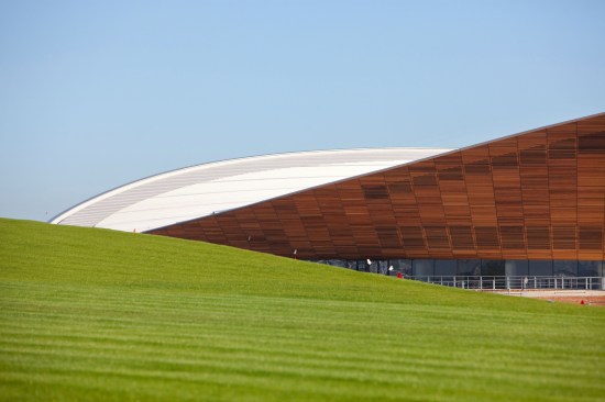 Exterior of Velodrome showing gently sloped roof.