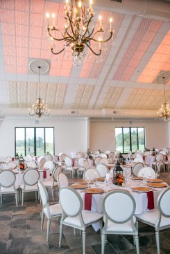 A system of color-changing LEDs above the ceiling throws a color wash onto the translucent Ceilume ceiling panels. The luminous ceiling can match the blue sky, the sunset, or the bridesmaids’ gowns. 