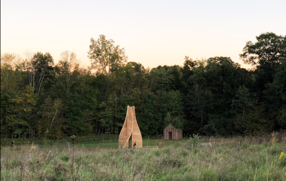 Created in collaboration with designer Martin Miller under the banner of OMG!, Evitim was constructed adjacent to Primitive Hut (in background), using leftover CNC-milled plywood sheets from the construction of Primitive Hut.