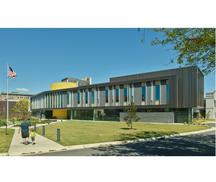 The western façade is reminiscent of books on a shelf, utilizing slender windows of varying widths and vertical fins to mitigate heat gain.  
&nbsp;
