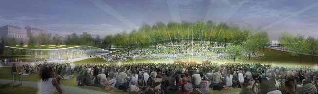 Gently sloping landscape features will serve as large-scale performance venues. 