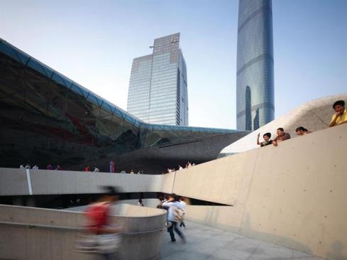 Public pathways and plazas on multiple levels encourage people to interact with the architecture during nonperformance hours.