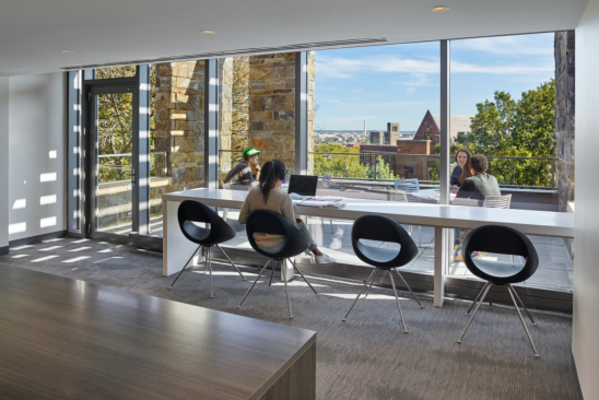 View across campus from student work space