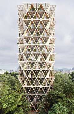 The Prechts, who grow most of their own food on an Austrian mountainside, designed the Farmhouse to create a similar reality in the city. The modular design uses cross-laminated timber and recycles wastewater that can irrigate crops in the building’s greenhouse, with the basement used as a composting station.