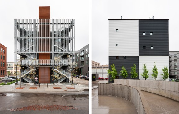 South, street-facing façade, showing double egress stair (left); North façade (right)
