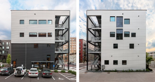 West façade, with black demarking the existing structure and white the addition (left); East façade (right)