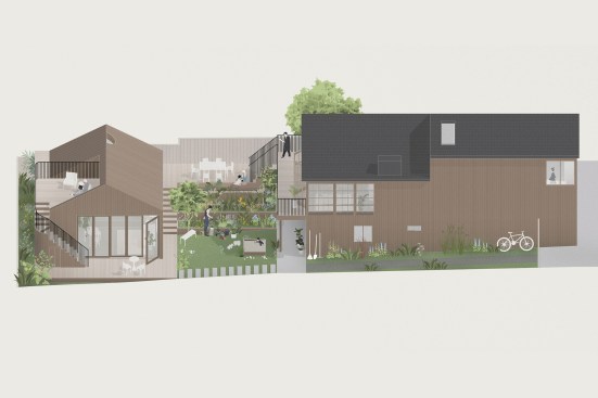 A drawing and model (below) of the firm’s Four Square House, an ADU in Sausalito, Calif.