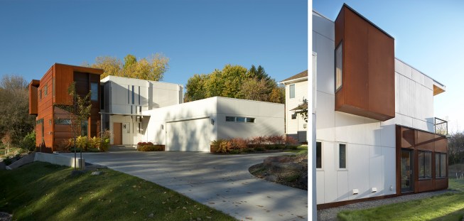 Designed for a graphic designer and gardener, the Graphic Nature House in Roseville, Minn., uses an exterior palette of concrete, steel, glass, and wood to highlight the surrounding landscape.