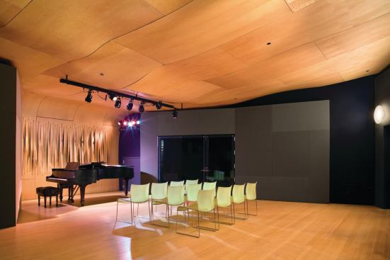 Curving birch plywood 
planes respond to the acoustical and spatial challenges of Firehouse 12,
 which houses an apartment, music studio, and performance space.