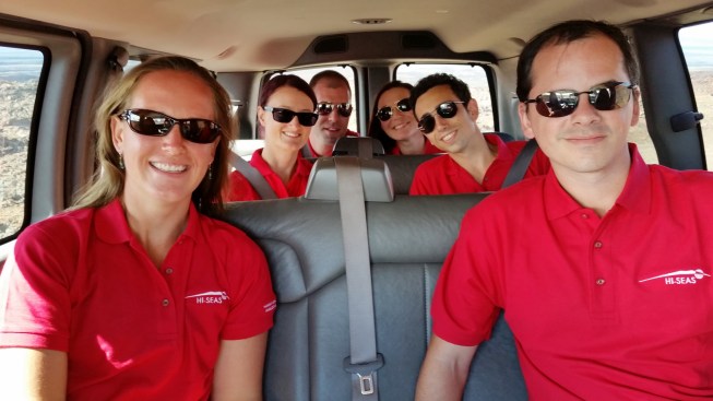 The six-member crew for HI-SEAS Mission IV (l to r): crew commander Carmel Johnston; chief scientific officer and crew physicist Christiane Heinicke; chief engineering officer Andrzej Stewart; chief medical and safety officer and crew journalist Sheyna Gifford; crew biologist Cyprien Verseux; and crew architect Tristan Bassingthwaighte. Photo taken on the first day of Mission IV.