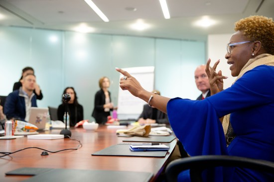 Claudia L. Gordon, the first deaf Black female attorney in the U.S., leading a discussion about the goals of the new building for the BNIM-designed Harkin institute at Drake University, founded by Senator Harkin who was instrumental in the passing of the American for Disabilities Act.