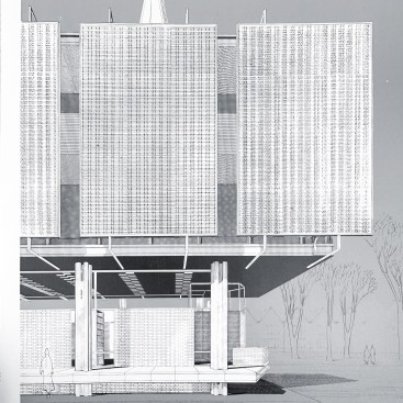 Paul Rudolph rendered elevation perspective of the decorative screen from the south facade of the Jewett Arts Center, Wellesley College.