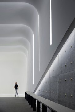 Linear accents enhance the "shell" idea and bring out the wall texture. Ceiling gradients focus the view towards teh stage and heighten the spatial experience.
