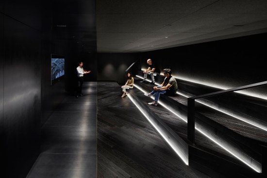 A screening room adjacent to the hall is designed as a black box with a minimum number of downlights and accents at the bench risers to enhance the  design.