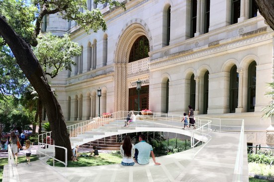 In the Loop, a proposal for an ADA-compliant entrance to City Hall in San Antonio, Texas, doubles as a gathering space.