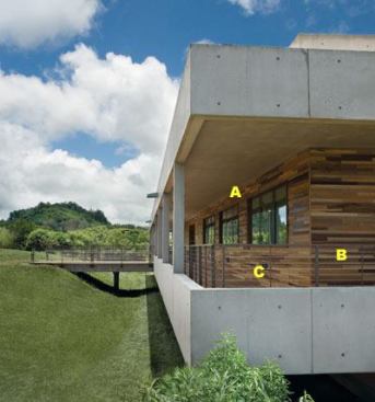 A  World Mix reclaimed hardwood siding TerraMai 
www.terramai.com Wood is sourced from discarded tropical hardwood shipping crates  • Milled with a shiplap profile with a &frac14;-inch reveal  • Mix includes wood species such as balau, pyinkado, mempening, bintagor, agoho, rengas, mertas, simpoh, and thitka  • All wood is FSC-certified recycled  • Standard dimensions are 2&frac12; inches wide and ? inch thick  • Comes unfinished 
B  Sun-Proof clear exterior wood stain Pittsburgh Paints 
www.pittsburghpaints.com Provides UV protection for wood  • One-coat coverage  • Available in acrylic/oil and alkyd/oil formulations  • Can be used on new, weathered, and pressure-treated wood  • Acrylic can be cleaned up with soap and water 
C  Sightlines recessed lighting fixture Rebelle Architectural Lighting 
www.rebellelighting.com Three lines available: Maxi, Midi, and Mini  • Cast-aluminum housings  • Fixtures are fully gasketed and are available with tamper-resistant hardware  • Available with metal halide, high-pressure sodium, and compact fluorescent sources  • Round and rectangular profiles  • Addresses needs for low-level area lighting and recessed and compact step and path lighting