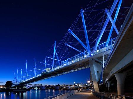 Kurilpa Bridge, a $63 million pedestrian and bicyclist bridge spanning the Brisbane River, is based on “tensegrity,” the term coined by R Buckminster Fuller to describe the principle of balanced compressive and tensile forces.