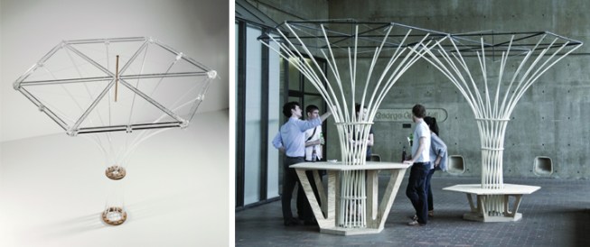 This is a scale model of a transportable and easily disassembled umbrella-like market structure, made of plywood stands and pipe trunks, with steel and fiberglass elements created in collaboration with designer Vera Shur. It was intended for a market in L’Aquila, Italy.