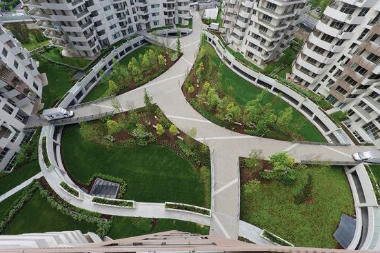 Landscaped plaza in the Libeskind complex.