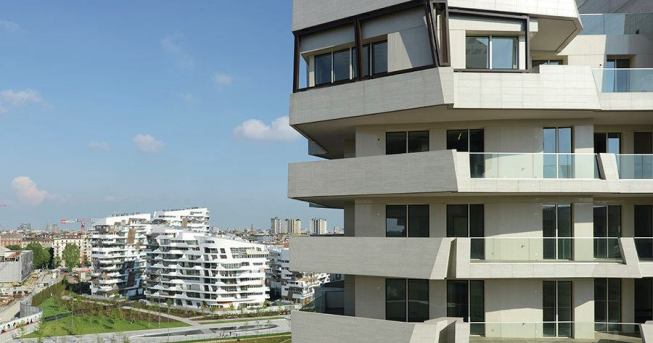 The Zaha Hadid-designed residences, as viewed from those designed by Daniel Libeskind.