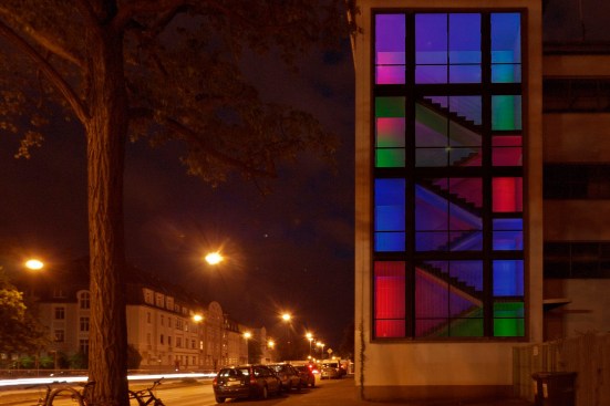 Light designer Robin Uber's 2016  Luminale installation "Bauhaus „goes“ Mondrian" converts a transformer station into a Piet Mondrian color tapestry.