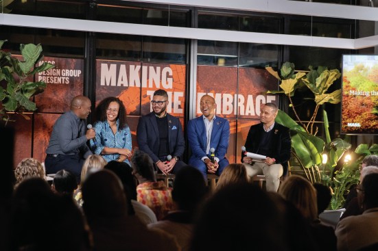 'The Embrace' creative team speaks with Charlie Davies of the Quin Impact Fund. (L to R) Hank Willis Thomas, Jha D Amazi, Imari Paris Jeffires,  Jonathan Evans, and Davies.